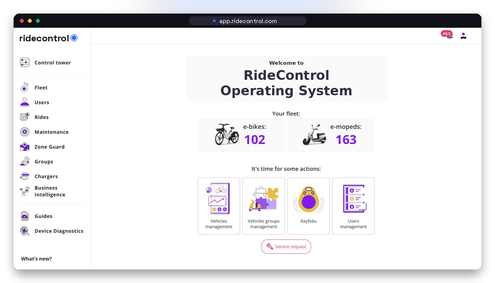Control tower welcome screen showing e-bike and e-moped counts with quick action tiles