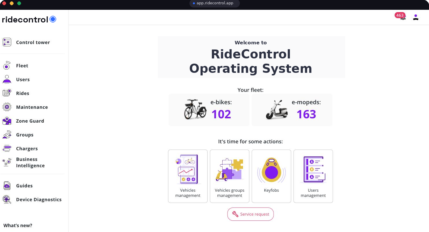 Control tower welcome screen showing e-bike and e-moped counts with quick action tiles